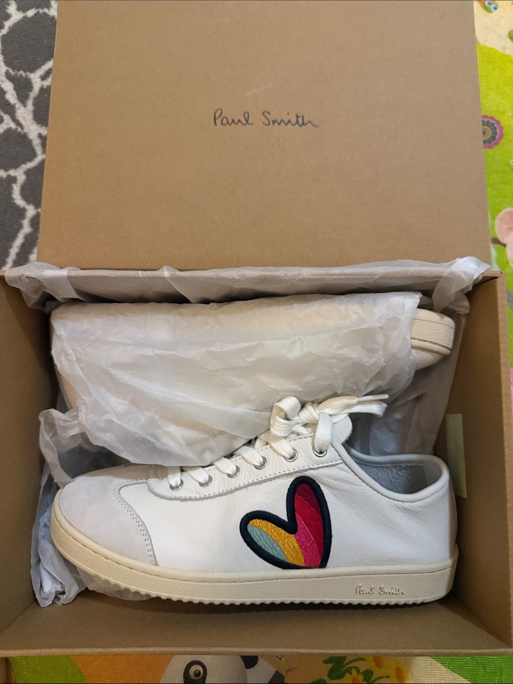 Paul Smith Cream Leather Sneakers with Multicolor Heart Patch